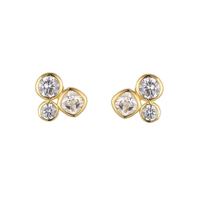 9ct Yellow Gold Rubover Trio Bezel Set CZ Cluster Stud Earrings