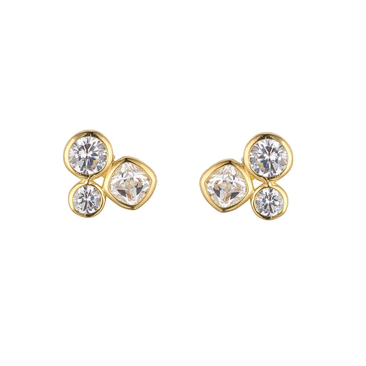 9ct Yellow Gold Rubover Trio Bezel Set CZ Cluster Stud Earrings