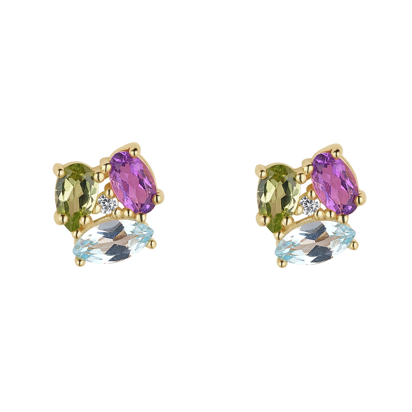 9ct Yellow Gold Multicoloured Green Blue Purple Stud Earring