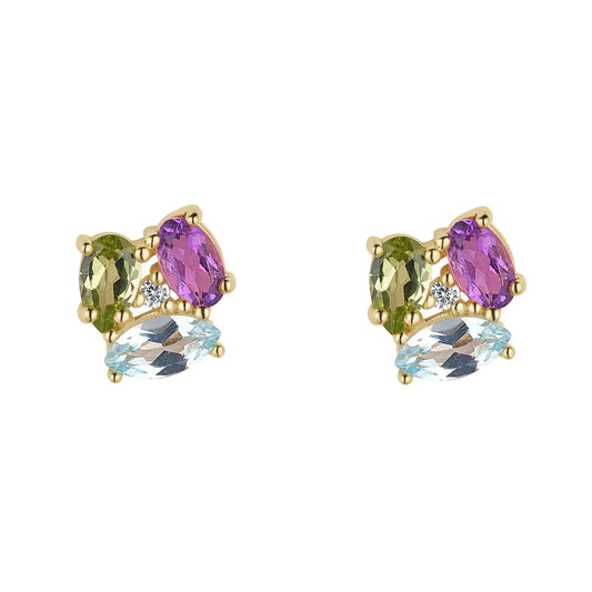 9ct Yellow Gold Clustered Multicoloured Green Blue Purple Stud Earring