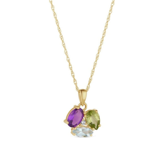 9ct Yellow Gold Multi Coloured Green Blue Purple CZ Stone Necklace