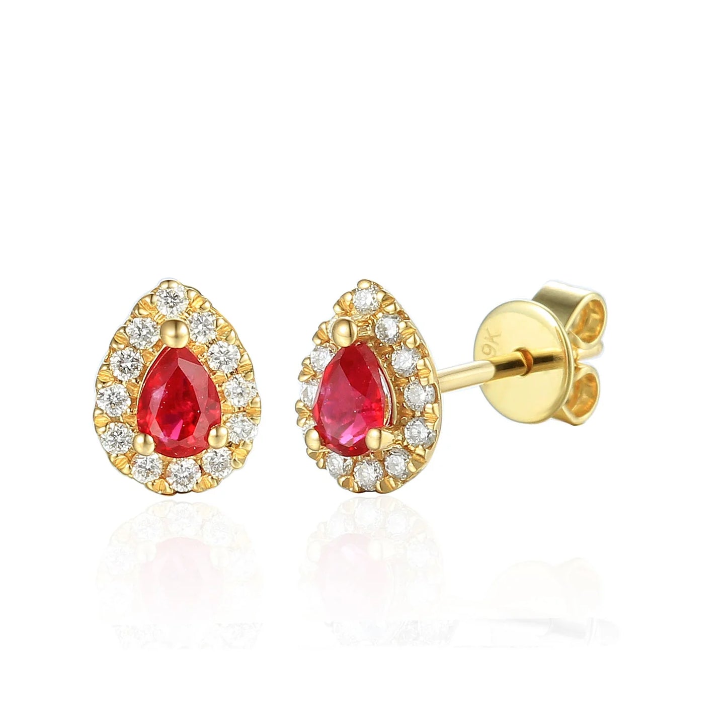 9ct Yellow Gold Pear Ruby & Diamond Halo Stud Earrings