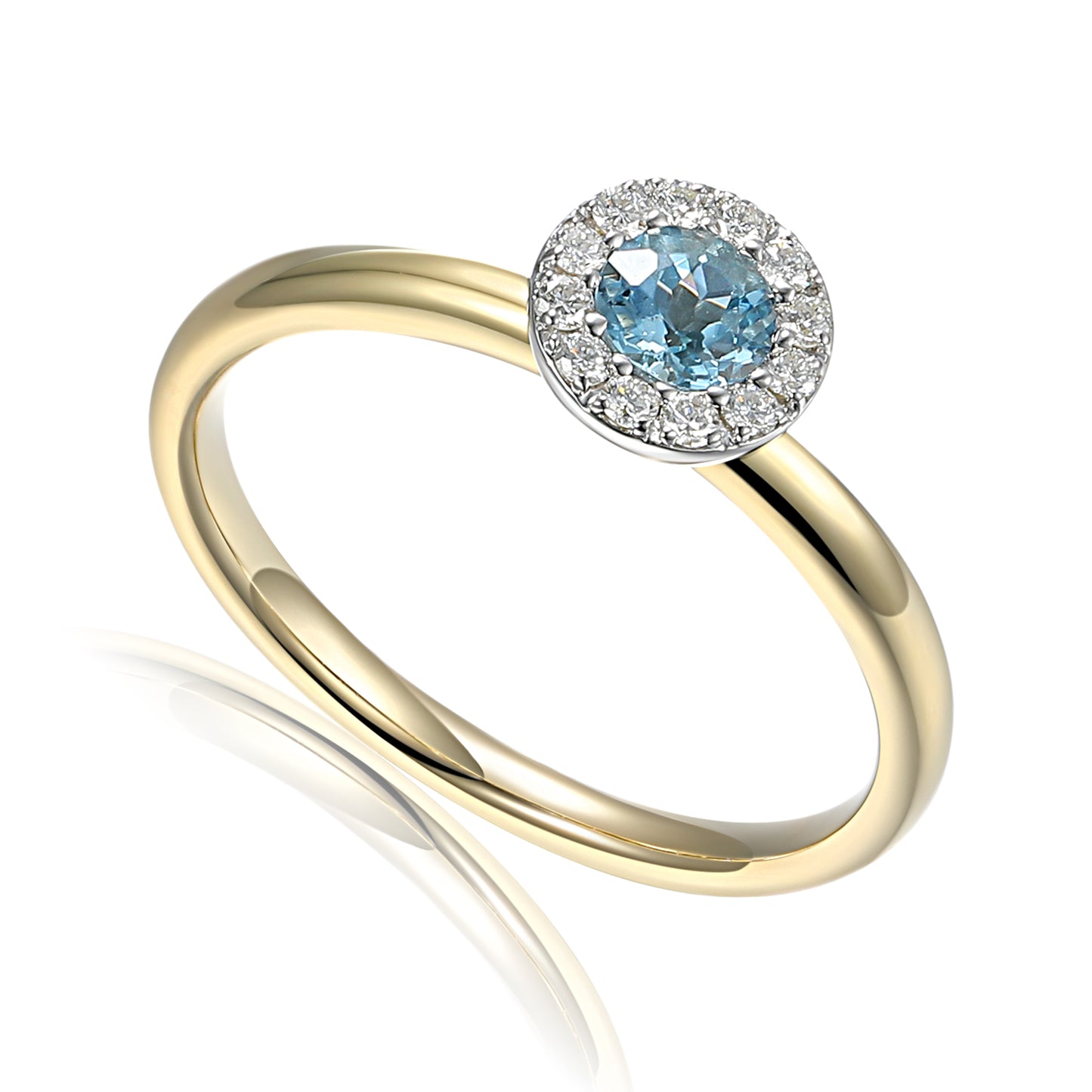 9ct Yellow Gold March Birthstone Aquamarine & Diamond Halo Ring