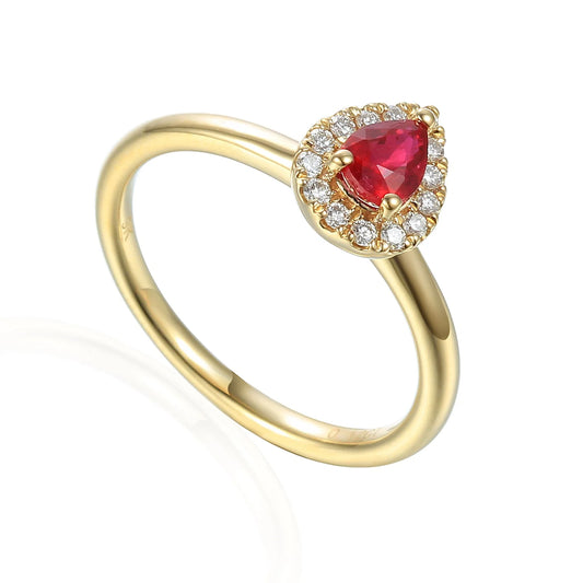 9ct Yellow Gold July Birthstone Pear Ruby & Diamond Halo Ring