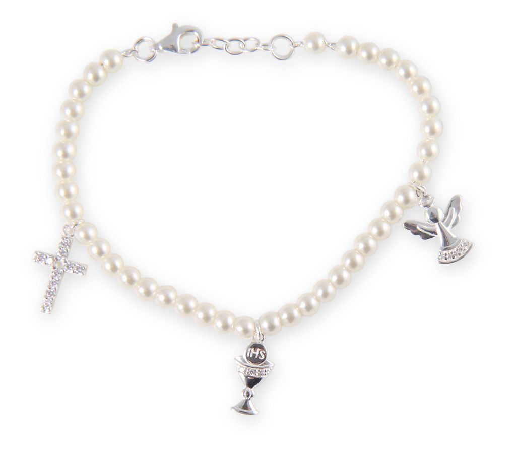 Rhodium Plated Silver Children's Pearl & Chalice Bracelet