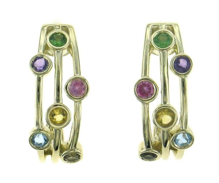 9ct Yellow Gold Clustered Multi-Coloured Gemstone Hoop Stud Earrings