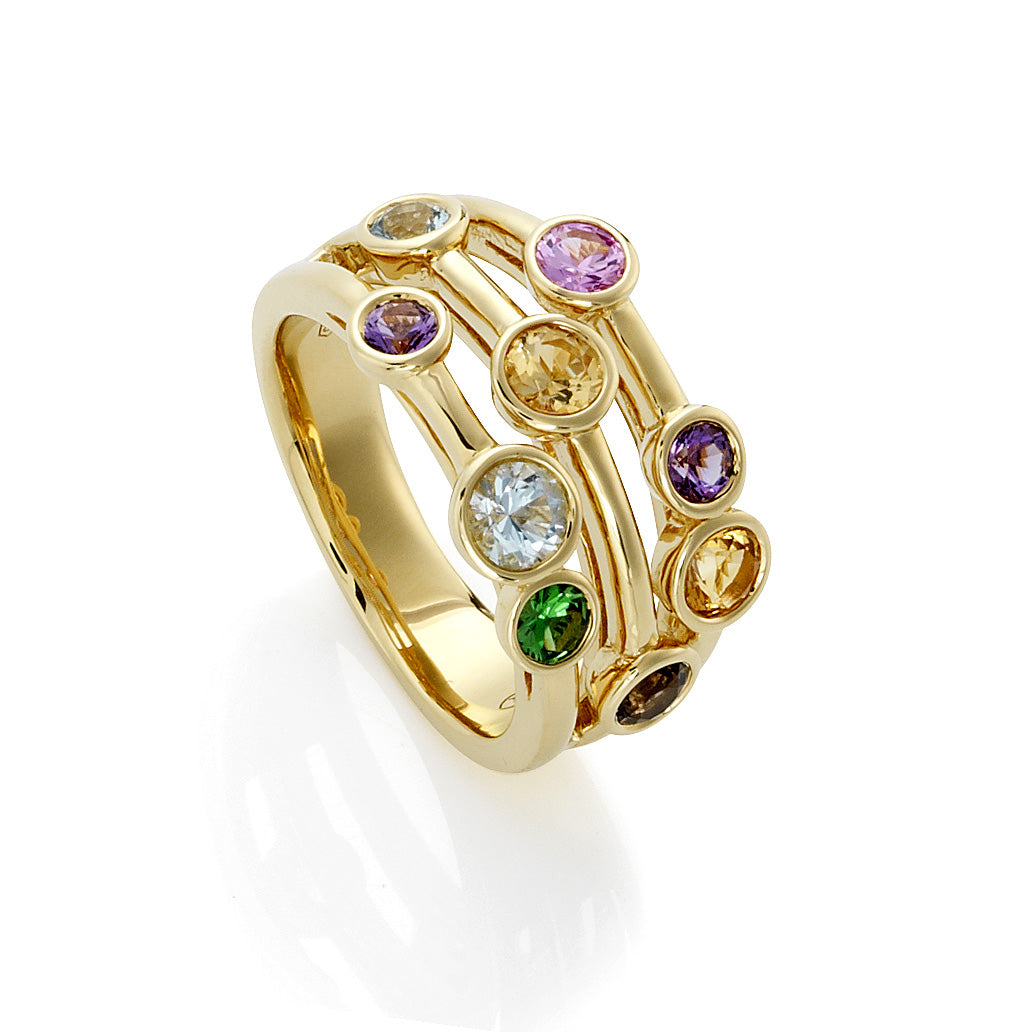 9ct Yellow Gold Multi-Colour Precious Gemstone Cluster Ring
