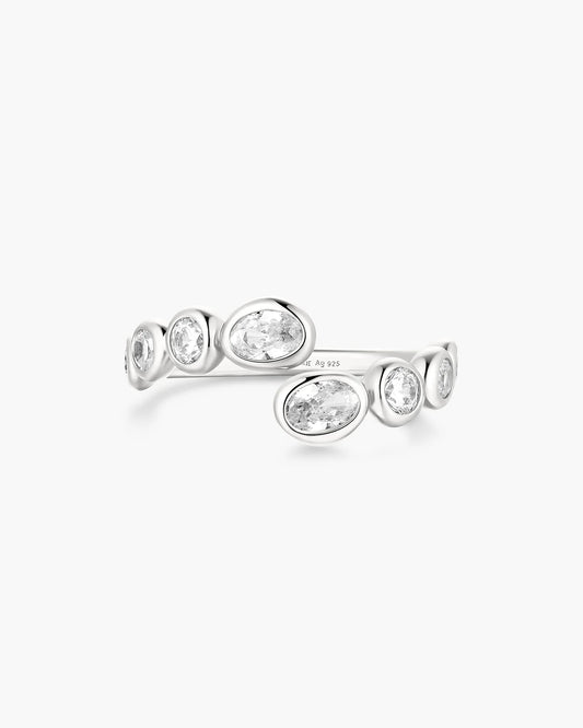 Ania Haie Sterling Silver CZ Organic Pebble Spiral Bezel Adjustable Ring