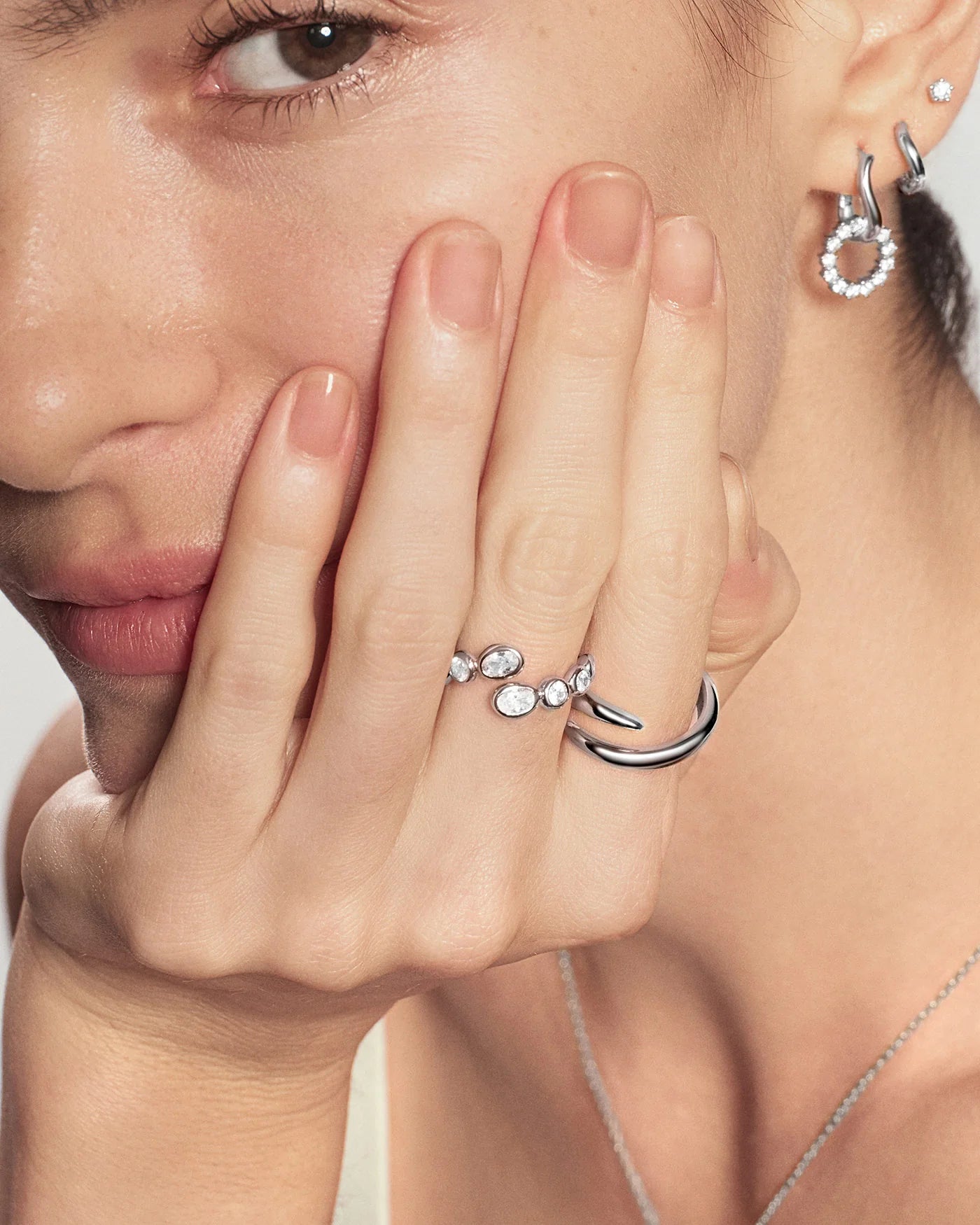 Ania Haie Sterling Silver CZ Organic Pebble Spiral Bezel Adjustable Ring