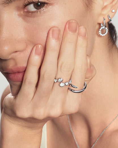 Ania Haie Sterling Silver CZ Organic Pebble Spiral Bezel Adjustable Ring