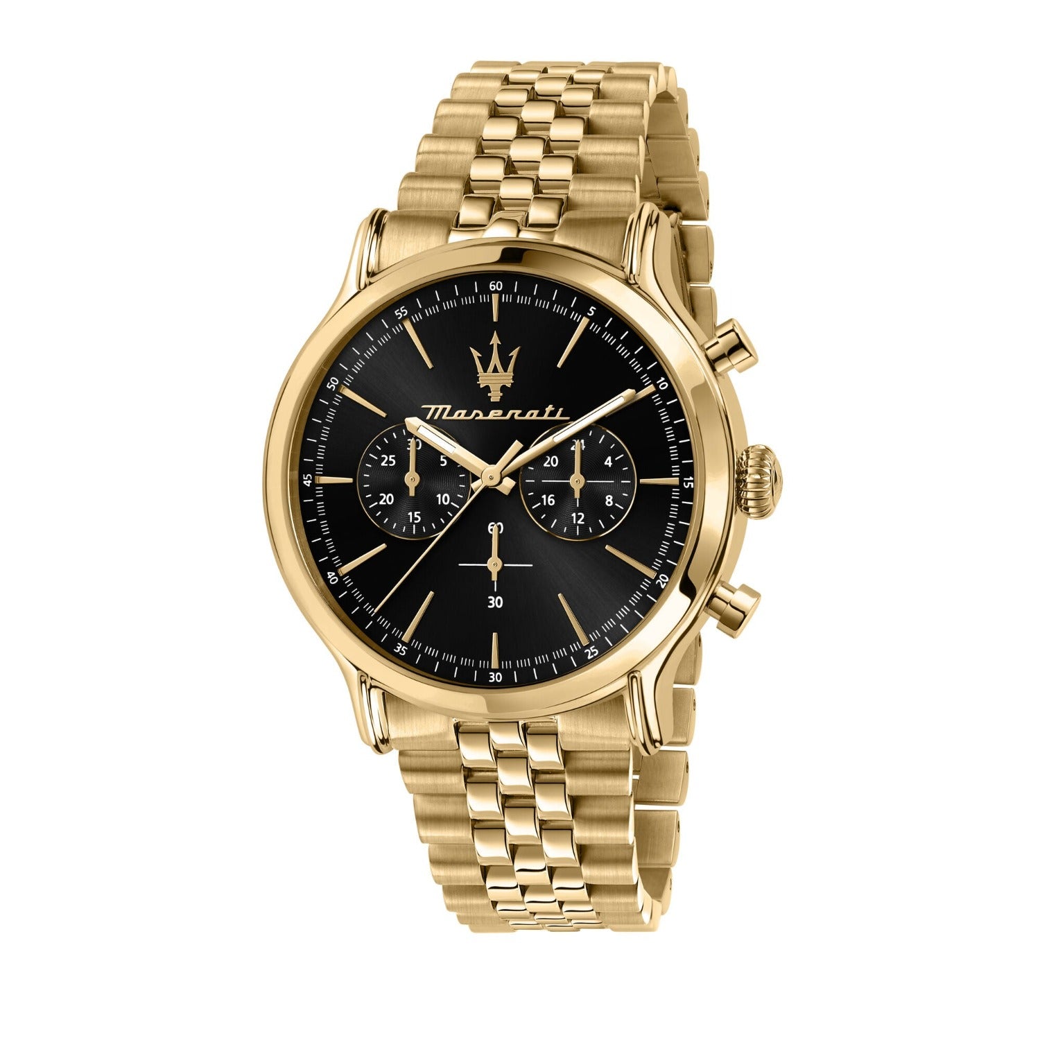 An image of Maserati 42mm Epoca Black Dial Chronograph Gold Toned Link Watch