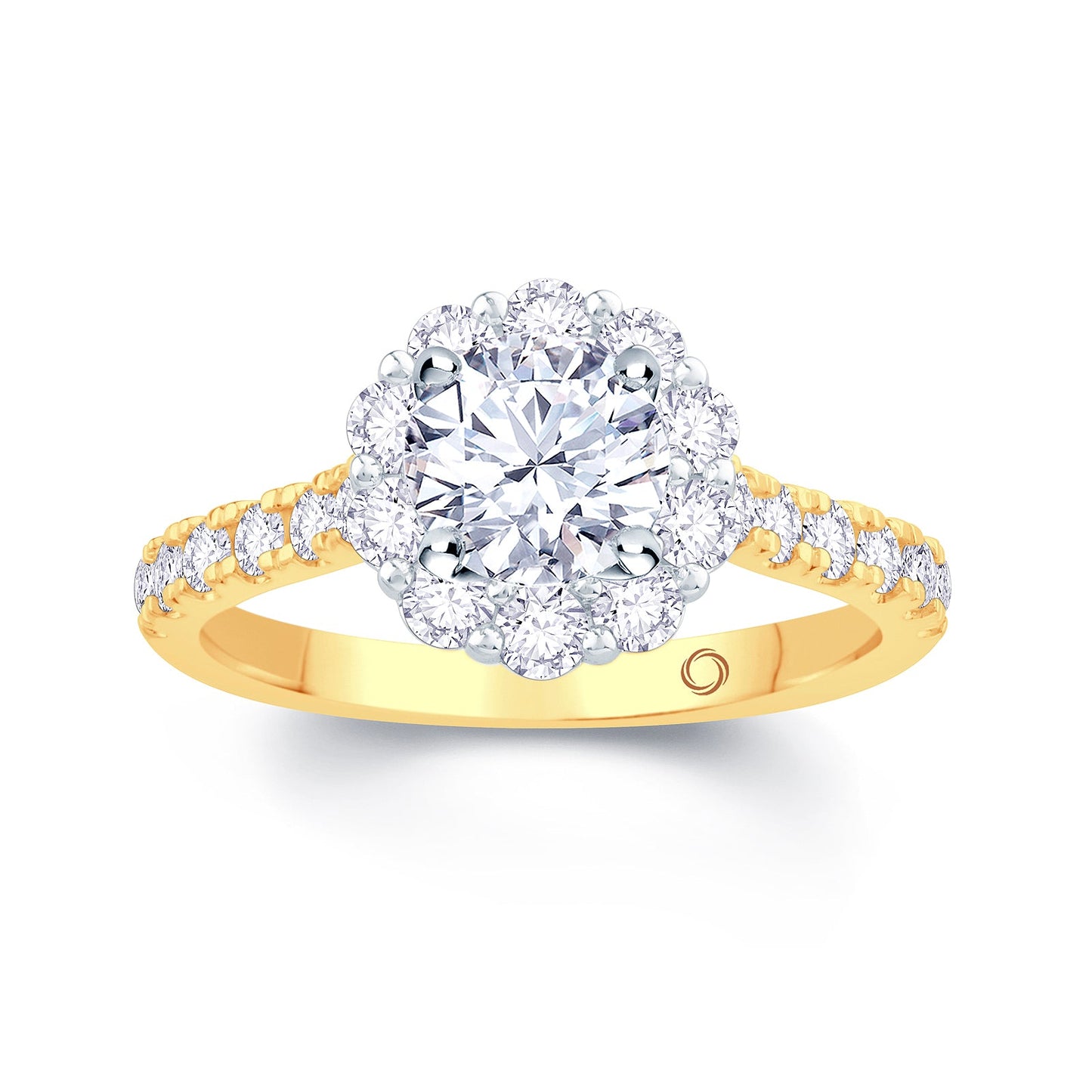 18ct Yellow Gold Brilliant Round & Halo, Shoulder Set Diamond Ring, 1.15ct