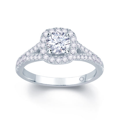 Platinum Round Brilliant & Cushion Halo, Split Shoulder Set Diamond Ring, 0.95ct