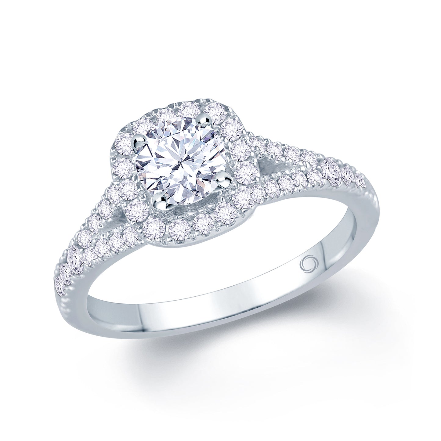 Platinum Round Brilliant & Cushion Halo, Split Shoulder Set Diamond Ring, 0.95ct