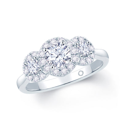 Platinum Brilliant Round & Halo Three-Stone Diamond Ring, 1.18ct