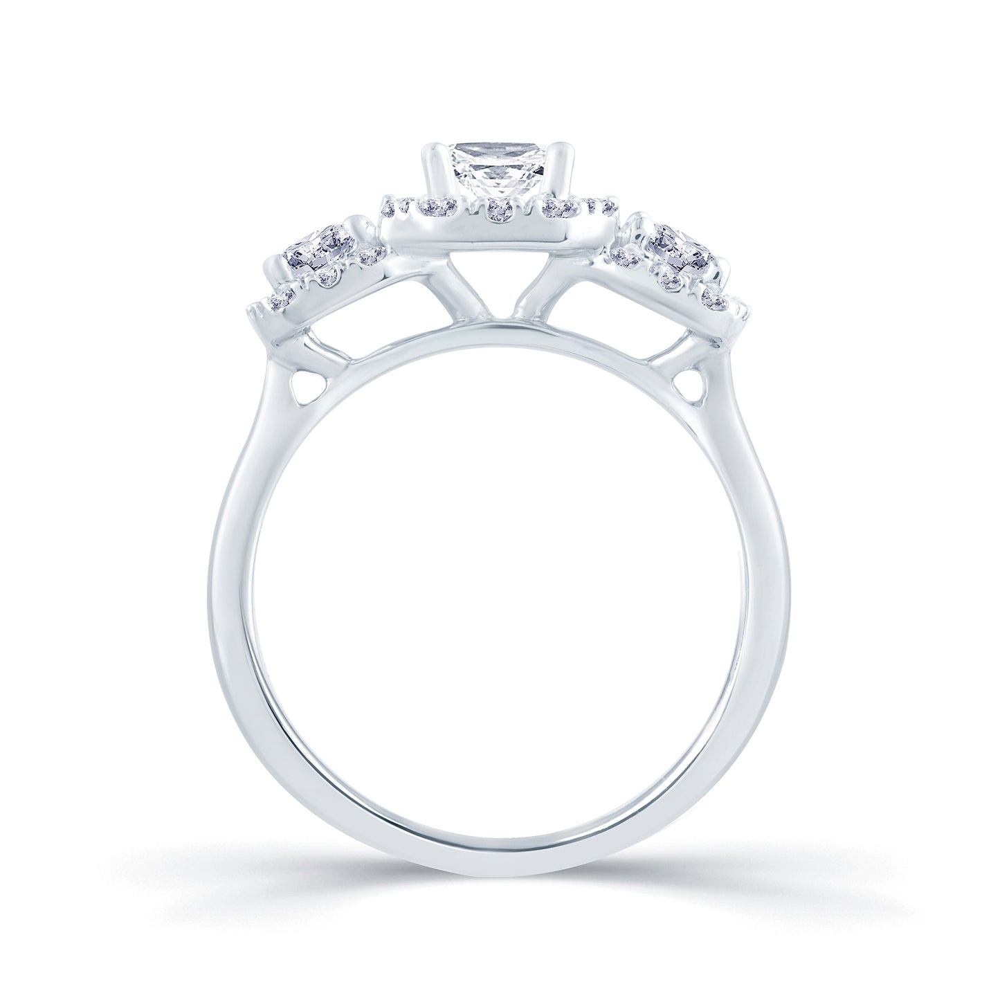 Platinum Emerald & Halo Three Stone Diamond Ring, 1.35ct