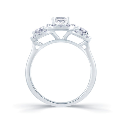 Platinum Emerald & Halo Three Stone Diamond Ring, 1.35ct