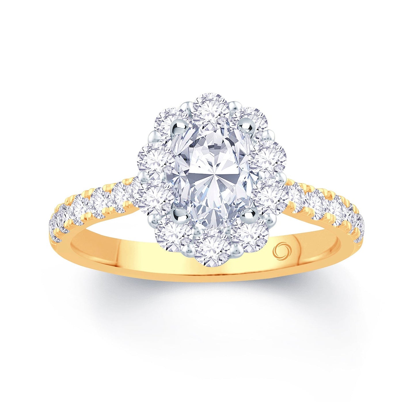 18ct Yellow Gold Oval & Halo, Shoulder Set Diamond Ring, 1.20ct