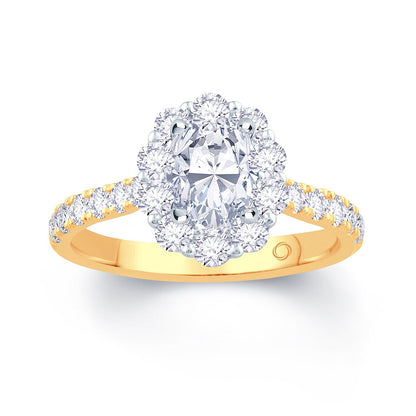18ct Yellow Gold Oval & Halo, Shoulder Set Diamond Ring, 1.20ct