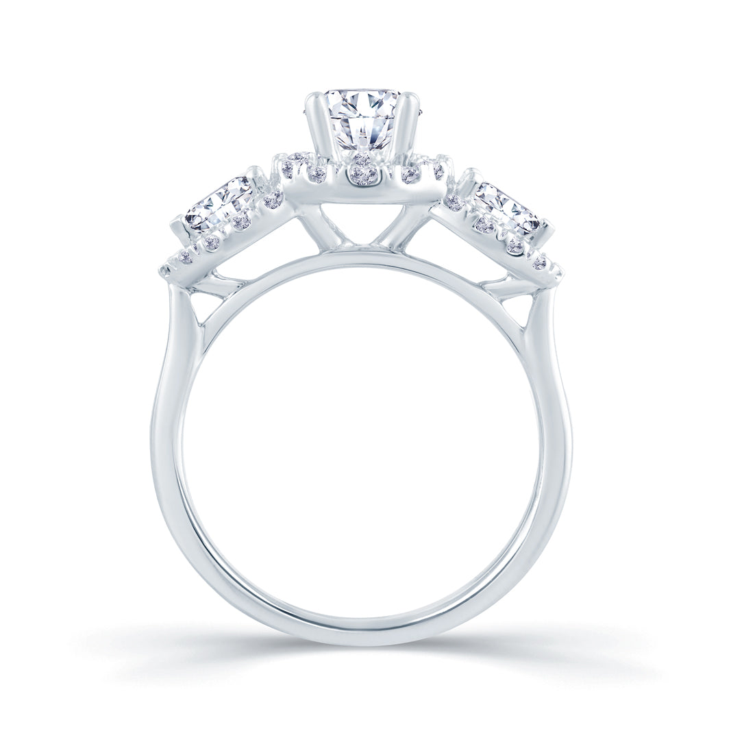 Platinum Oval & Pear & Halo Three Stone Diamond Ring 0.76ct