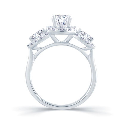 Platinum Oval & Pear & Halo Three Stone Diamond Ring 0.76ct