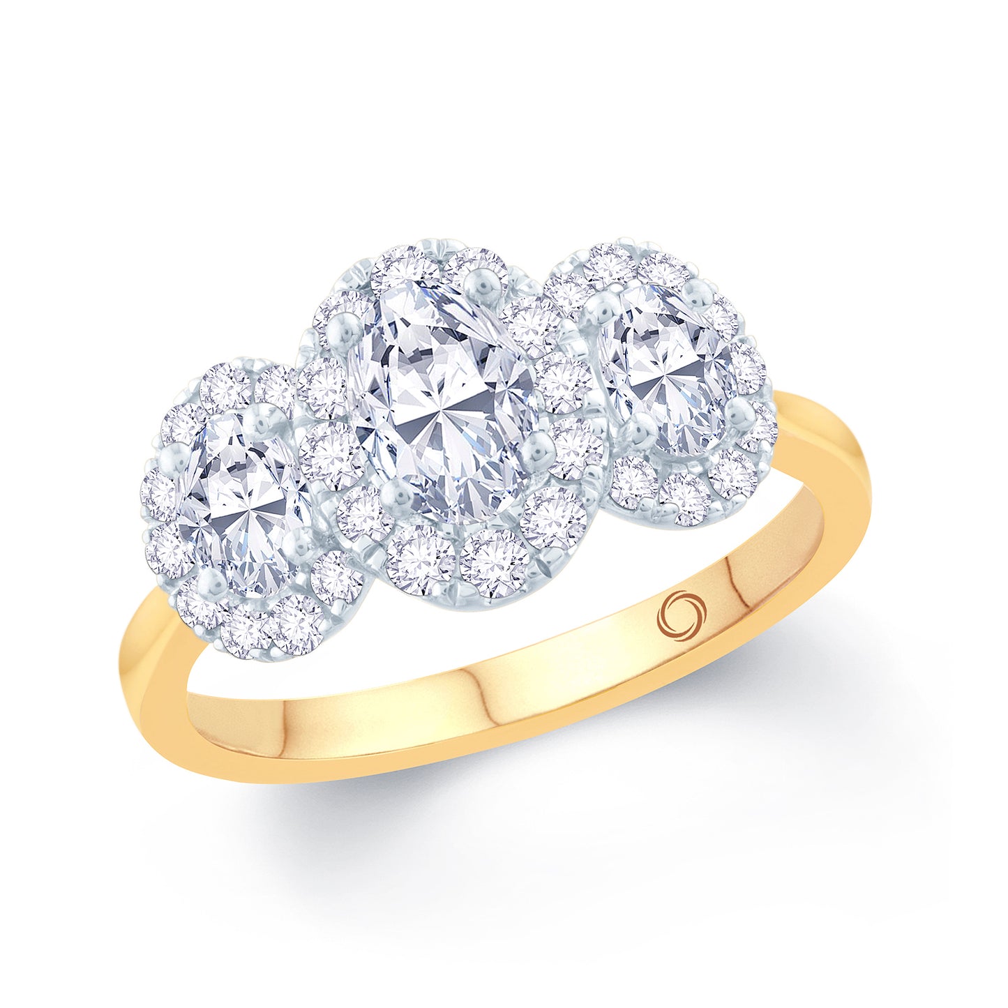 18ct Yellow Gold Oval & Halo Three Stone Diamond Ring, 0.83ct