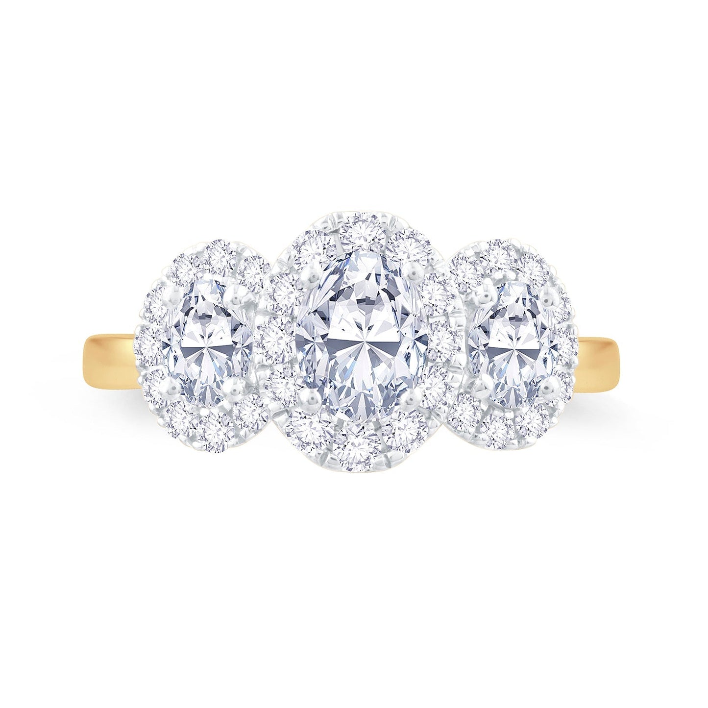 18ct Yellow Gold Oval & Halo Three Stone Diamond Ring, 0.96ct