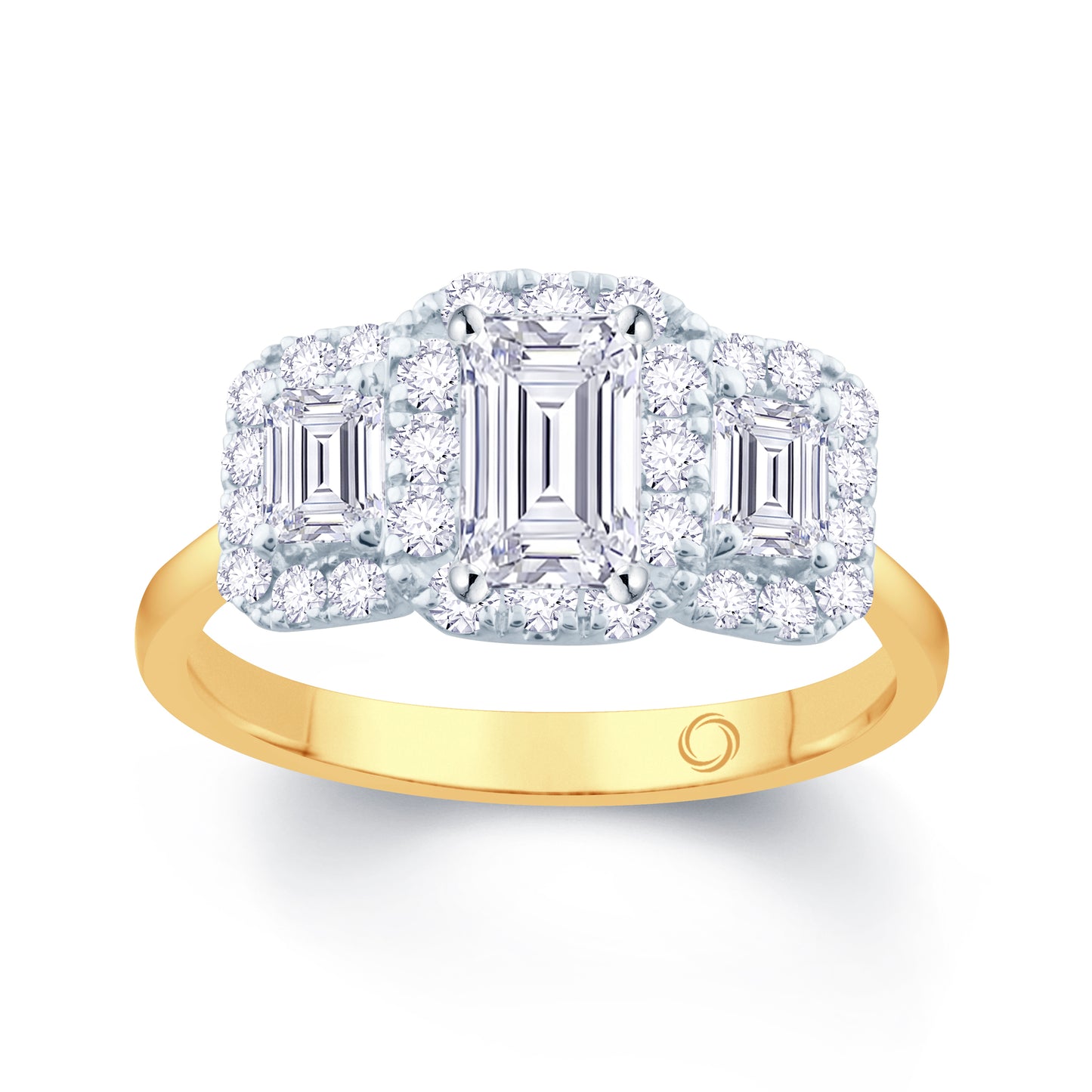 18ct Yellow Gold Emerald & Halo Three Stone Diamond Ring, 1.33ct