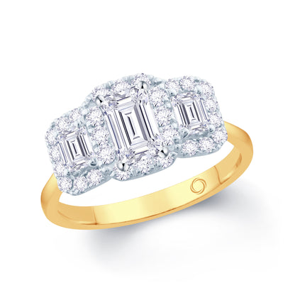 18ct Yellow Gold Emerald & Halo Three Stone Diamond Ring, 1.33ct