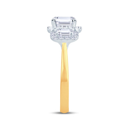 18ct Yellow Gold Emerald & Halo Three Stone Diamond Ring, 1.33ct