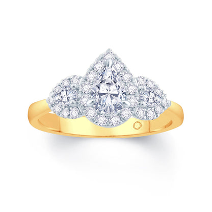 18ct Yellow Gold Pear & Halo Three Stone Diamond Ring, 1.16ct