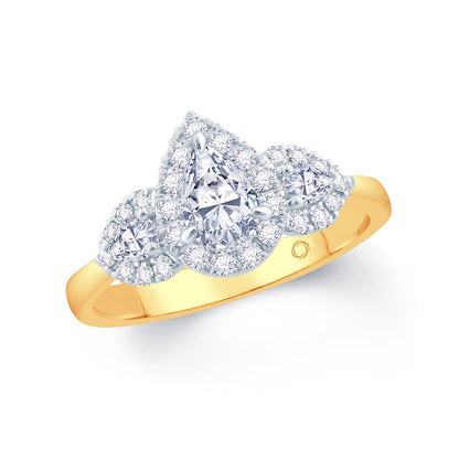 18ct Yellow Gold Pear & Halo Three Stone Diamond Ring, 0.85ct