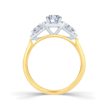 18ct Yellow Gold Pear & Halo Three Stone Diamond Ring, 0.85ct