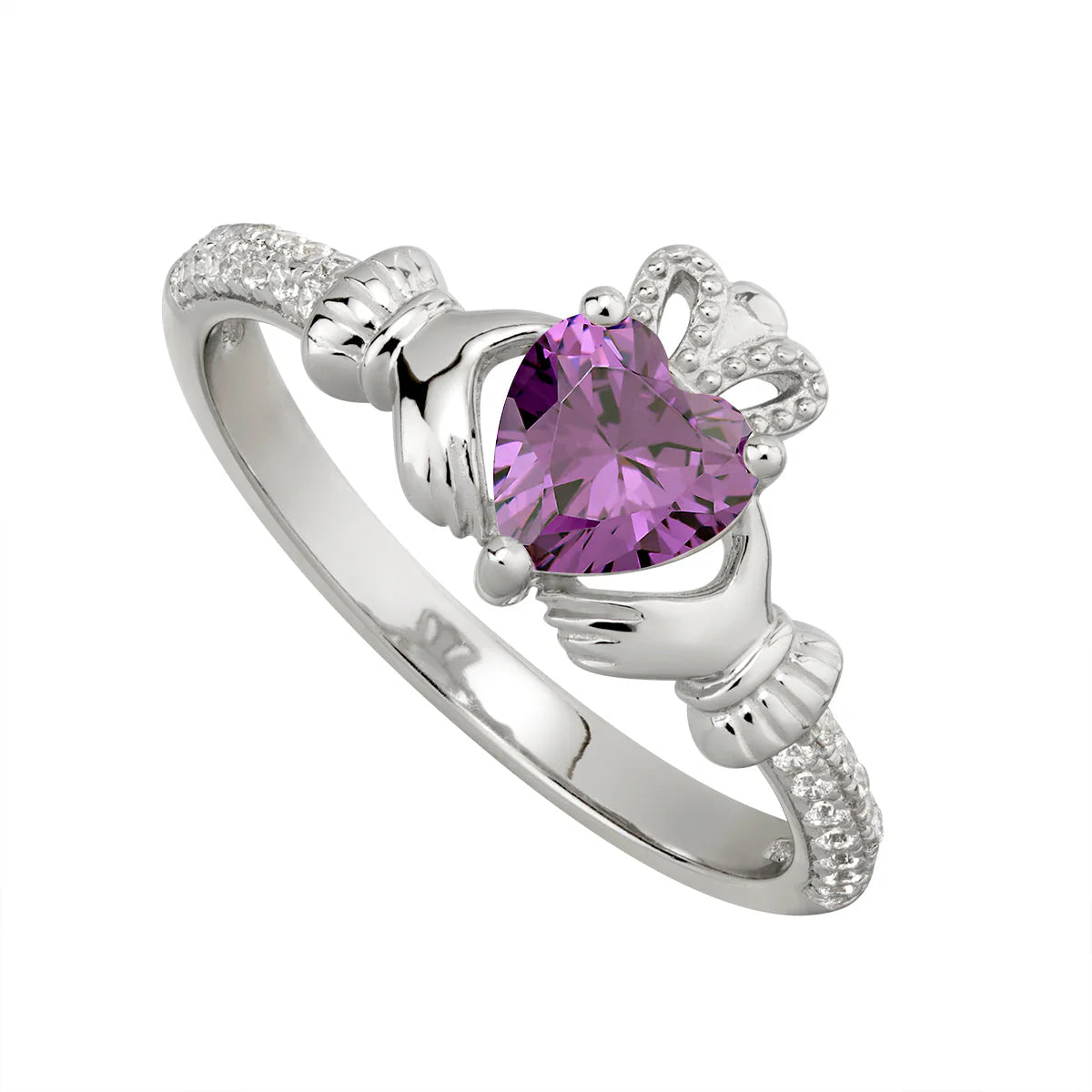 Sterling Silver Claddagh & Amethyst Heart, Shoulder Set CZ Ring