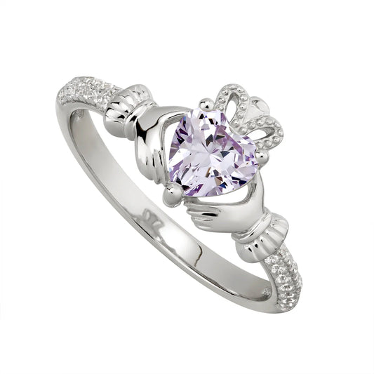 Sterling Silver Claddagh & Amethyst Heart, Shoulder Set CZ Ring
