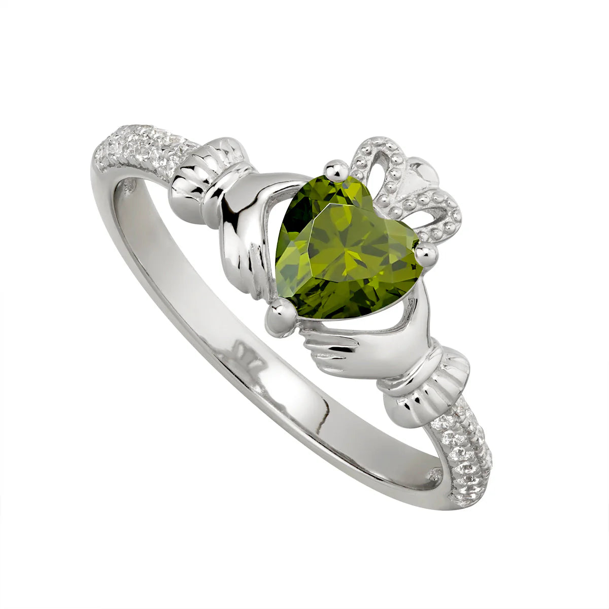 Sterling Silver Claddagh & Peridot Heart, Shoulder Set CZ Ring