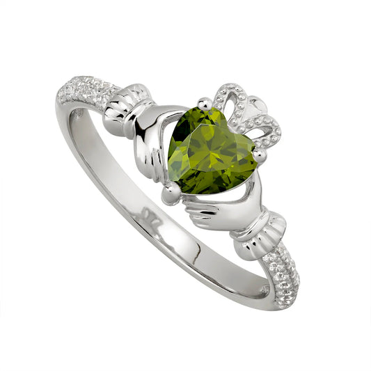 Sterling Silver Claddagh & Peridot Heart, Shoulder Set CZ Ring