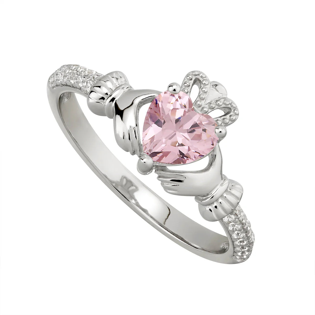 Sterling Silver Claddagh & Rose Heart, Shoulder Set CZ Ring