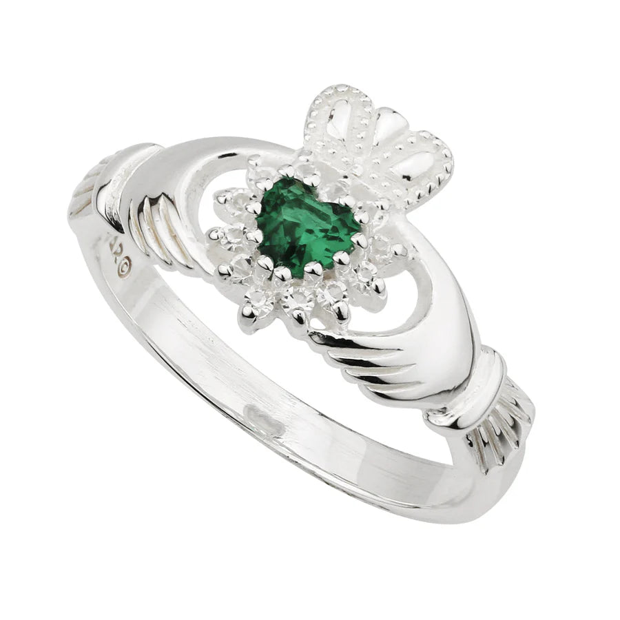 Sterling Silver Crystal Green Heart CZ Claddagh Ring