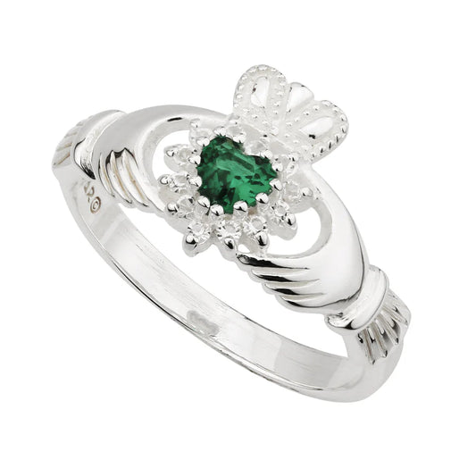 Sterling Silver Crystal Green Heart CZ Claddagh Ring