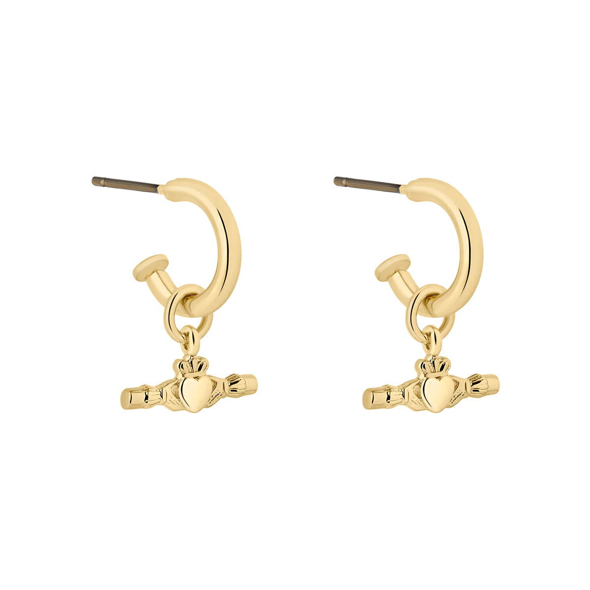 Yellow Gold Plate Claddagh T-bar Hoop Earrings