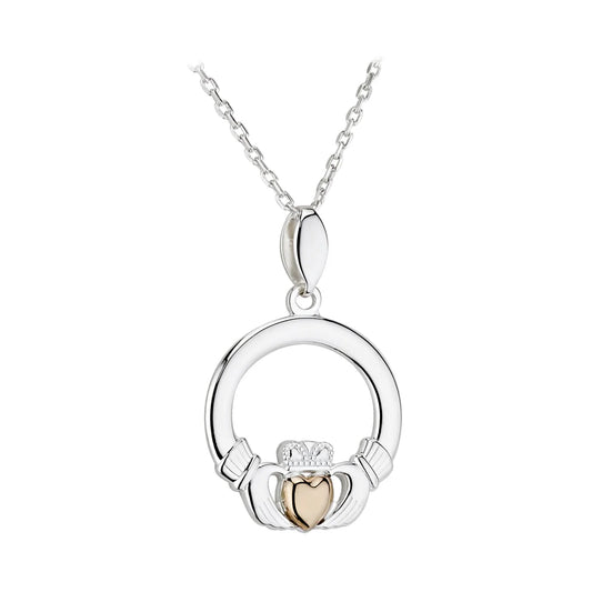 Sterling Silver & 10ct Yellow Gold Claddagh Pendant Necklace