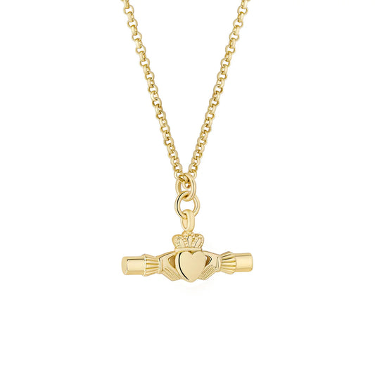 Yellow Gold Plate Claddagh T-Bar Pendant Necklace