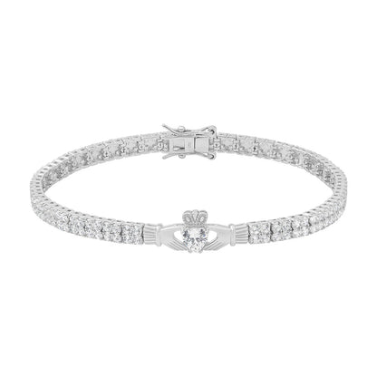 Rhodium Plated Claddagh CZ Tennis Bracelet