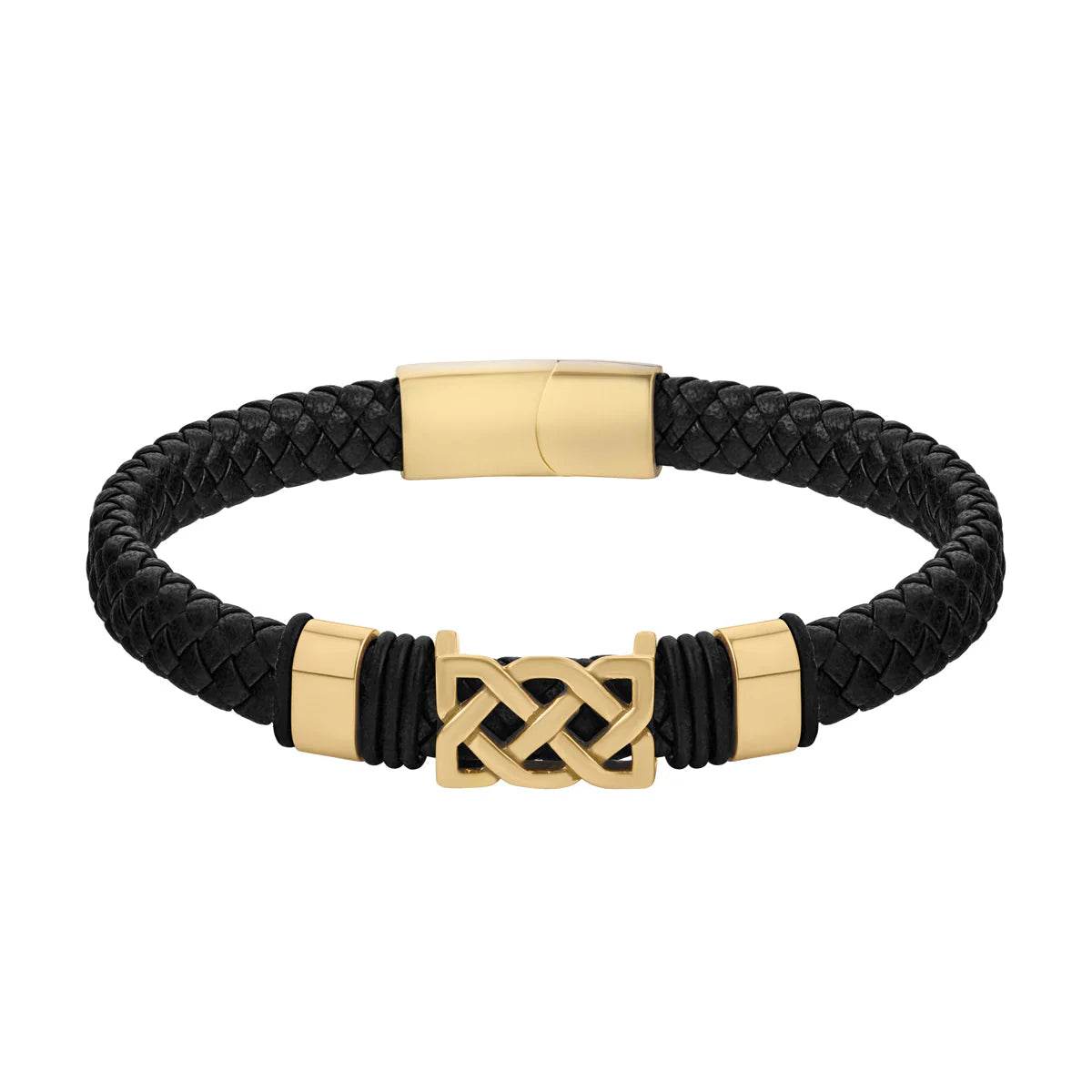 Yellow Gold Plated Celtic Knot Black Leather Bracelet