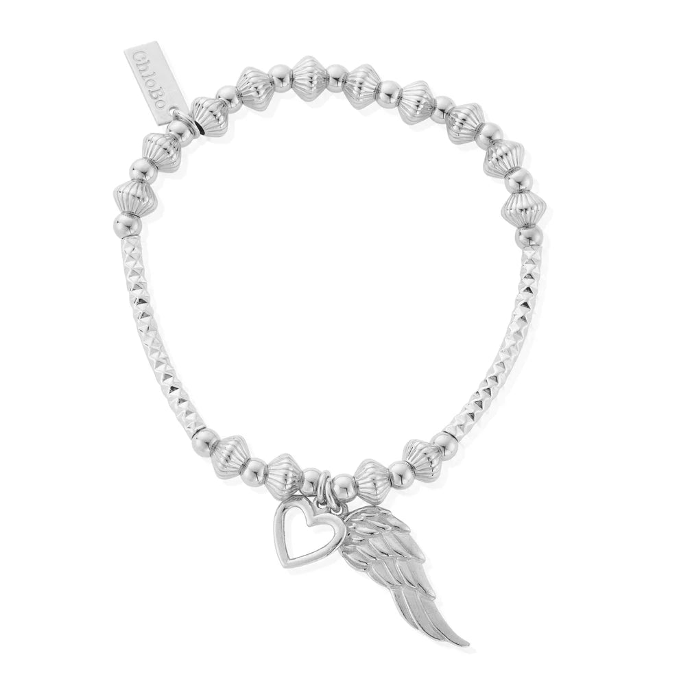ChloBo Sterling Silver Pattern Noodle Disc Heart And Angel Wing Bracelet