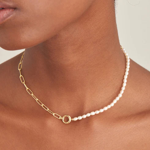 Ania Haie Yellow Gold Plate Chunky Link & Pearl Necklace