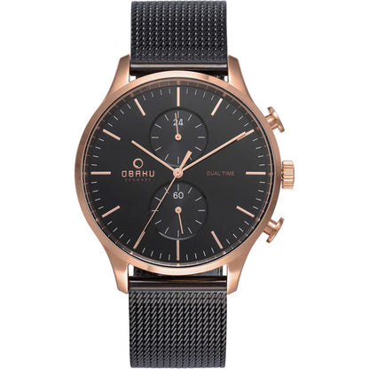 Obaku 42mm GRAN - NIGHT Black & Rose Gold Stainless Steel Mesh Strap Watch