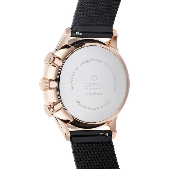 Obaku 42mm GRAN - NIGHT Black & Rose Gold Stainless Steel Mesh Strap Watch