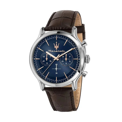 Maserati 42mm Epoca Chronograph Blue Dial Brown Leather Strap Watch